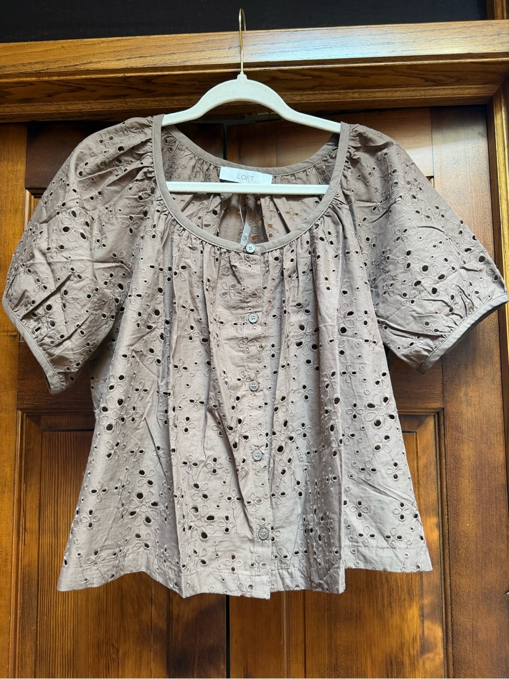 LOFT Brown Eyelet Short Sleeve Button Front Top, Size Medium